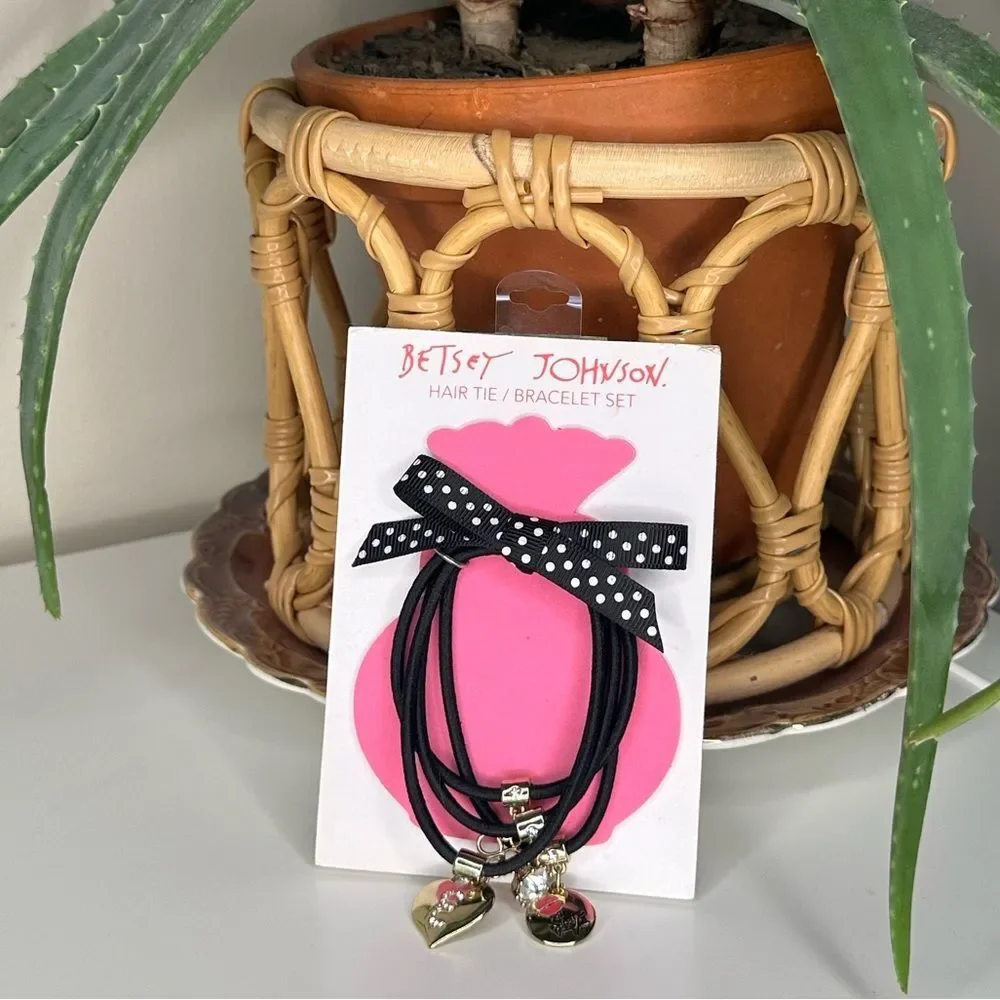 Betsey Johnson Hair Tie Bracelet Set | Black with Gold & Crystal Charms | NWT